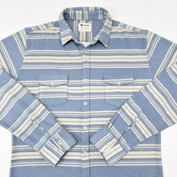 Sperry Flannel Button Down Shirt Mens Large Blue White Striped Preppy Coastal - Picture 1 of 10